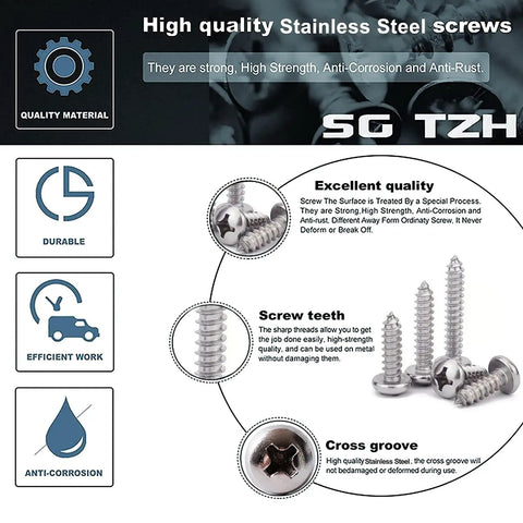 Pro Grade Number 6 X 1/2 Inch 304 Stainless Steel Wood Screws 100 Pack Pan Head Fasteners image, showcasing screw details and quality.