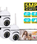 Keep Your Homestead Secure And Sound With This 5MP Wireless PTZ Security Camera showing three white cameras with night vision capability.