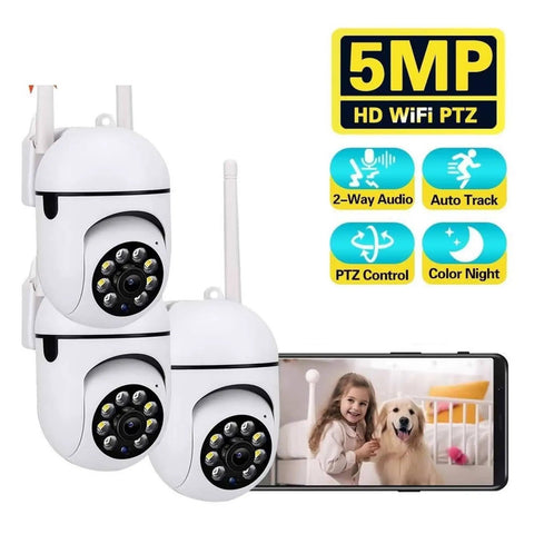 Keep Your Homestead Secure And Sound With This 5MP Wireless PTZ Security Camera showing three white cameras with night vision capability.
