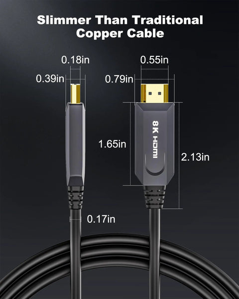 Close-up of Built Tough Fiber Optic HDMI Cable 33 Ft Long, showing slim connector dimensions for easy installation.