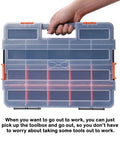Interlocking Tool Box Organizer Two Piece Set With Removable Dividers For Small Parts Fasteners And Crafts Black Durable Plastic Case With Secure Latch Keeps Tools And Contents In Place
