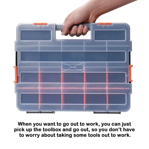 Interlocking Tool Box Organizer Two Piece Set With Removable Dividers For Small Parts Fasteners And Crafts Black Durable Plastic Case With Secure Latch Keeps Tools And Contents In Place