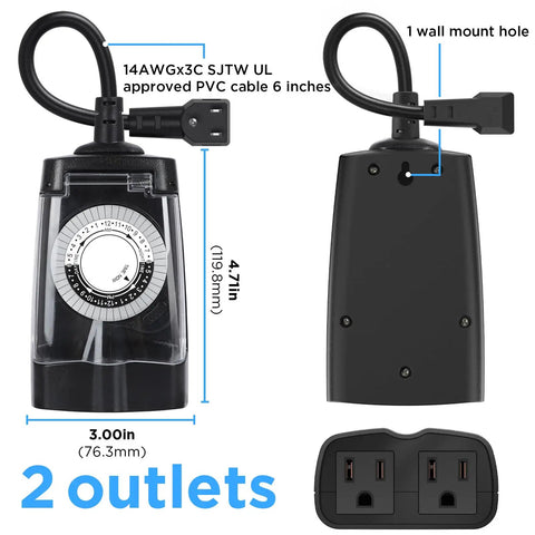 Heavy Duty Waterproof Outdoor Light Timer 24 Hour Dual Socket Plug With 48 Settings For Christmas Lights Pool Pumps And Garden Irrigation Rock Solid 2 Pack showing dimensions and dual outlets.