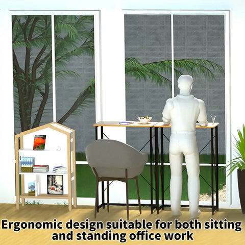 Folding Laptop Desk For Home Office 31 Inch Standing Desk No Assembly Required Easy Setup Compact Yet Sturdy Small Desk For Sitting Or Standing Anti Scratch X Frame Wood Finish Ideal For Writing And Computer Setup with mannequin example setup in a room.