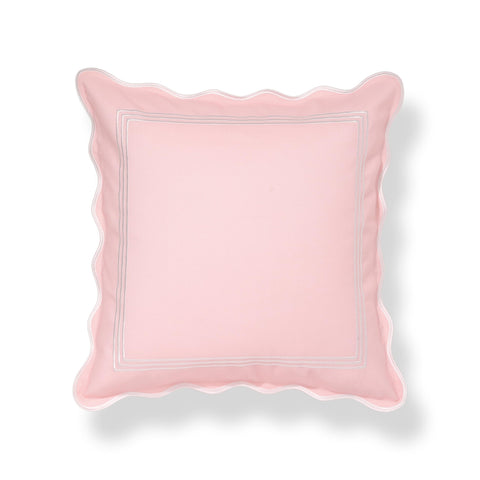 Coastal Chic 20x20 Throw Pillow Cover With Scalloped Border, Blush Pink Embroidered Frame, Reversible Solid Back, Weather Resistant Polyester
