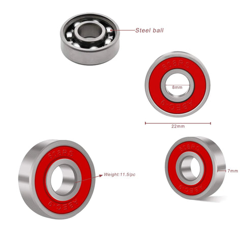 Pack of 8 red 608RS bearings, double-sealed, 8x22x7 mm, ABEC-9