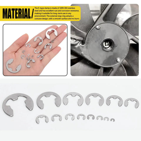 Stainless Steel E Clip Assortment Kit With 14 Sizes For DIY And Mechanical Repairs External Retaining Rings In 1.5 To 15 Mm 211 Pieces With Tweezers And Storage Box displayed in hand and on machinery.