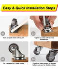 Installation steps for Heavy Duty 1.5 Inch Swivel Caster Wheels Featuring Lockable Rubber Tread And Screw In Mount.