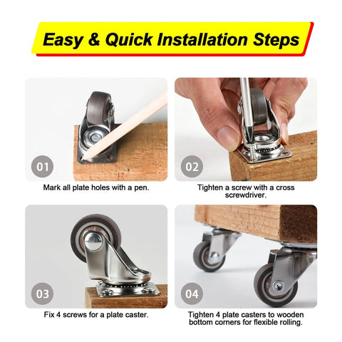 Installation steps for Heavy Duty 1.5 Inch Swivel Caster Wheels Featuring Lockable Rubber Tread And Screw In Mount.
