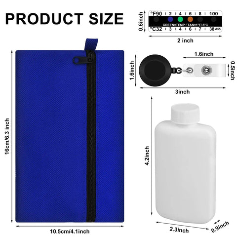 Product Size chart for 14 Piece Portable Liquid Specimen Storage Kit With 2 Empty Bottles, Temperature Indicator Strips, 10 Adhesive Labels, And A Lightweight Pouch For Safe Lab Sample Transport.