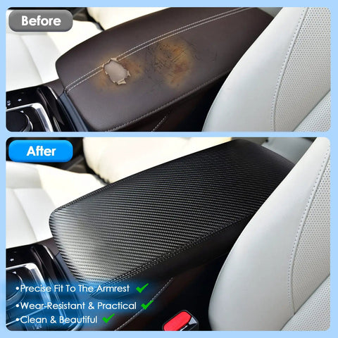 Before and after of Mazda CX 30 Center Console Cover Leather Armrest Protector Waterproof And Anti Scratch Black Carbon Fiber Finish 2020-2026