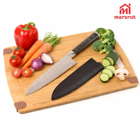 Magnetic Wood Saya Knife Sheath For 8 Inch Gyuto And Chef Knives next to vegetables on a cutting board