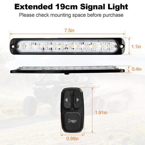 All In One UTV Turn Signal Kit With DRL And Red Running Lights, Plug And Play Prewired Blinker System dimensions and switch