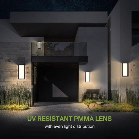14 Inch Outdoor Wall Light Front Door Sconce with 3CCT Dimmable LED illuminating modern exterior entrance at night