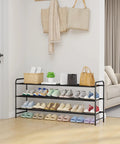 Heavy Duty Three Tier Stainless Steel Shoe Rack Organizer delivering game changing footwear storage for entryways, featuring three layers with various colored shoes.