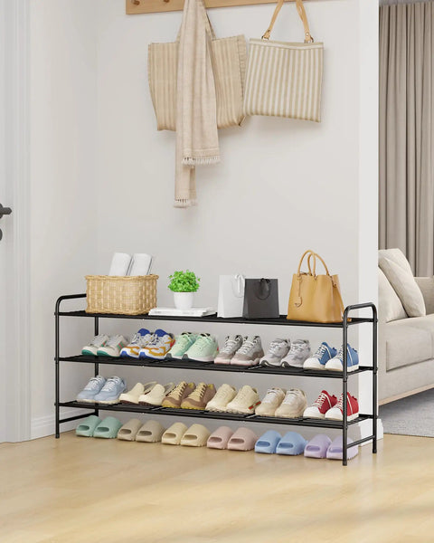 Heavy Duty Three Tier Stainless Steel Shoe Rack Organizer delivering game changing footwear storage for entryways, featuring three layers with various colored shoes.