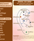 General size guide for piercings showing gauge and CZ sizes for Dope Gold Plated Titanium Flat Back Piercing Set For Women And Men