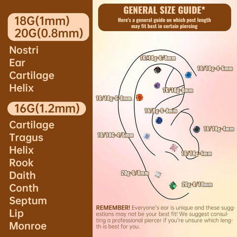 General size guide for piercings showing gauge and CZ sizes for Dope Gold Plated Titanium Flat Back Piercing Set For Women And Men