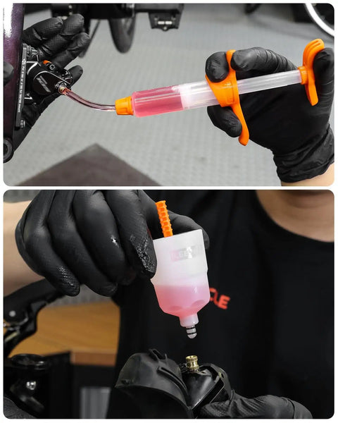 Hydraulic Bike Brake Bleed Kit For Shimano, SRAM, Tektro, And Magura in use with visual oil cup and adapters on MTB
