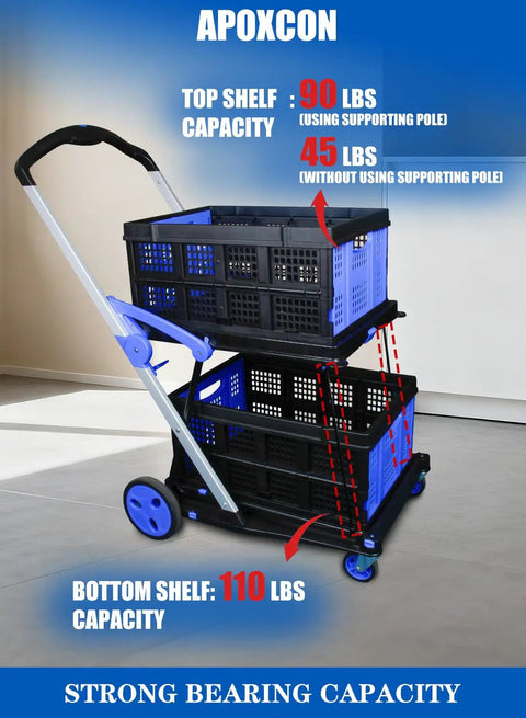 Dope Two Tier Collapsible Shopping Cart With Two Storage Crates And 360 Degree Swivel Wheels Heavy Duty Folding Trolley for capacity