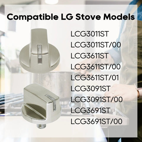 Five Pack Burner Control Knob Assembly Replacement For LG Ranges And Gas Cooktops With Quick No Fuss Install image showing knob design and compatible models list.