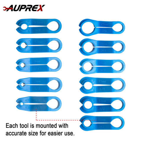 Blue 11 Piece AC And Fuel Line Disconnect Tool Set For Ford And More, Quick Disconnect Kit with size markings from 3/16 to 7/8 inch