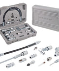 12 Piece Grease Gun Accessory Kit With 90 Degree Adapter Flex Hose Needle Tips Couplers And Nozzles One Eighth Inch NPT Storage Case
