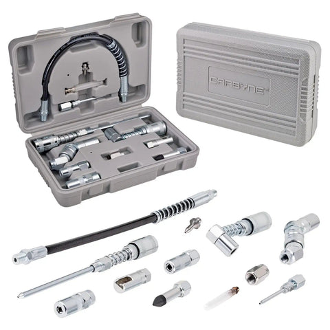 12 Piece Grease Gun Accessory Kit With 90 Degree Adapter Flex Hose Needle Tips Couplers And Nozzles One Eighth Inch NPT Storage Case