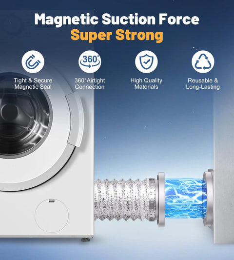 Magnetic Dryer Vent Kit With Quick Connect For Easy Snap On And Off, Airtight Seal, showing 4 inch flexible duct hose in use
