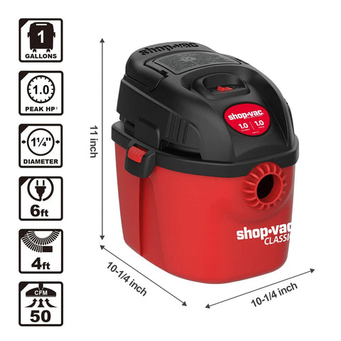 Tiny But Mighty One Gallon Wet Dry Vacuum With 1.0 HP, fold-down handle, red body, wall bracket for home or garage use.