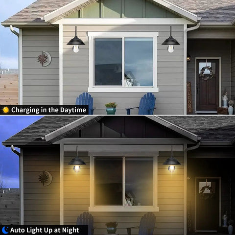 2 Pack Solar Barn Lights Outdoor Wall Sconces With Motion Sensor And 3 Lighting Modes on house, day and night view
