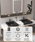 Slick Wall Mounted Double Sink Bathroom Vanity With Led Smart Defogger Mirror And Floating Shelf For Toiletries Modern White Black Finish 56 Inch features sleek black sinks and modern decor.