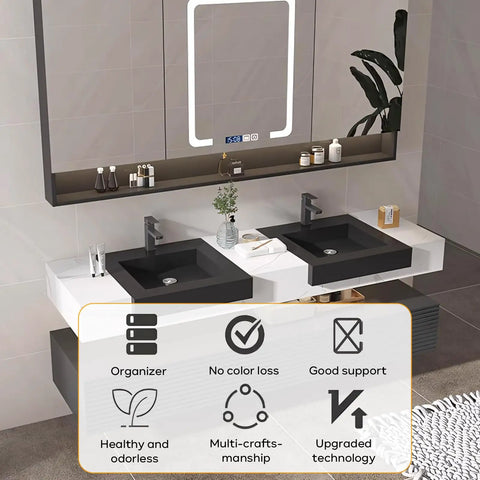 Slick Wall Mounted Double Sink Bathroom Vanity With Led Smart Defogger Mirror And Floating Shelf For Toiletries Modern White Black Finish 56 Inch features sleek black sinks and modern decor.