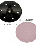 11 Inch Sanding Disc Set Comes With 225mm Mesh Hook And Loop Sandpaper For Super Smooth Jobs Plus 6 Hole Dust Extraction Backing Pad top view of 225mm black backing pad and sandpaper.
