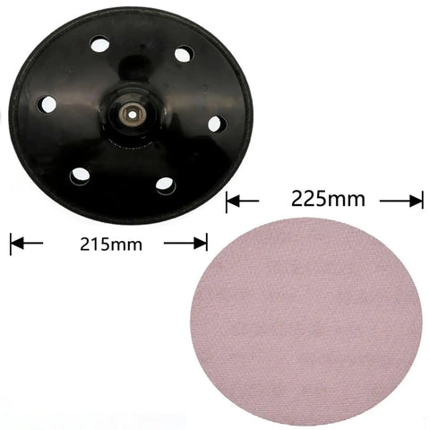 11 Inch Sanding Disc Set Comes With 225mm Mesh Hook And Loop Sandpaper For Super Smooth Jobs Plus 6 Hole Dust Extraction Backing Pad top view of 225mm black backing pad and sandpaper.