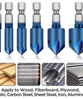Killer Six Piece Countersink Drill Bit Set With One Quarter Inch Hex Shank And Slick Ninety Degree Chamfering Design, showing drill bit sizes.