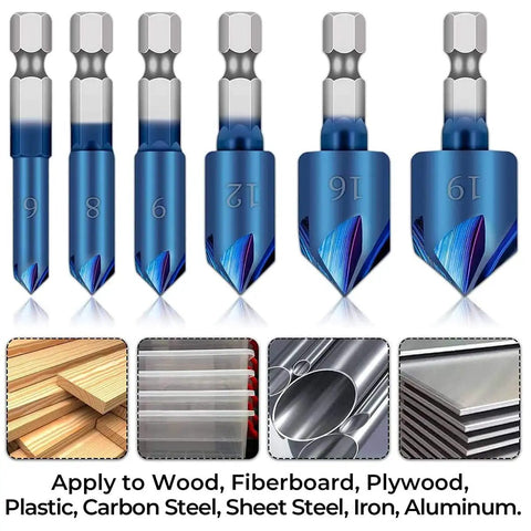 Killer Six Piece Countersink Drill Bit Set With One Quarter Inch Hex Shank And Slick Ninety Degree Chamfering Design, showing drill bit sizes.