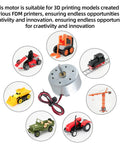 Illustration showing R300C Mini Electric Motor Kit Three Pack used in various 3D printed models for DIY projects and prototyping.