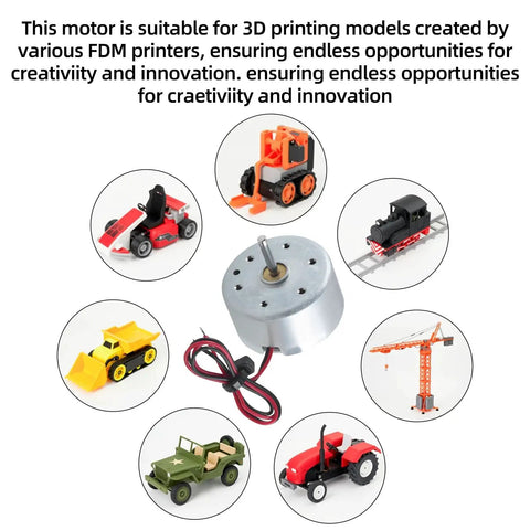 Illustration showing R300C Mini Electric Motor Kit Three Pack used in various 3D printed models for DIY projects and prototyping.