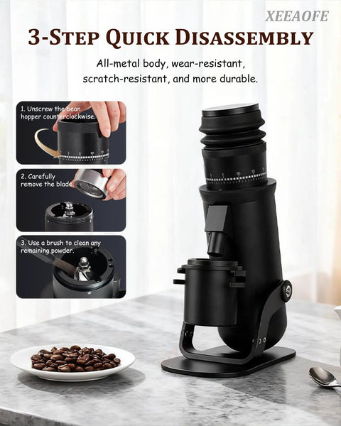 Top Tier Single Dose Coffee Grinder Featuring A Heavy Duty Aluminum Build And Premium 48MM Conical Burr With Sixty Step Micro Adjustments shown with quick disassembly features.