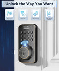 Keyless Entry Door Lock With Handle Set And WiFi App Control Fingerprint Scanner Electronic Keypad Deadbolt With One Time Code Auto Locking Four Unlocking Methods No Fuss Setup Remote Passcode And Backup Keys Easy To Install Oil Rubbed Bronze Finish installed on a white door.