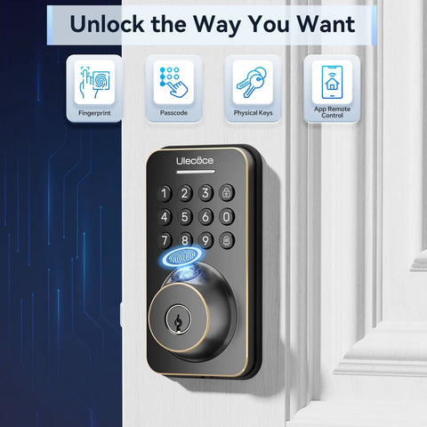Keyless Entry Door Lock With Handle Set And WiFi App Control Fingerprint Scanner Electronic Keypad Deadbolt With One Time Code Auto Locking Four Unlocking Methods No Fuss Setup Remote Passcode And Backup Keys Easy To Install Oil Rubbed Bronze Finish installed on a white door.