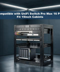 Heavy Duty 1U Rack Mount Shelf For Network Gear 19 Inch Server Bracket With Black Coated Steel Build, holds UniFi Switch Pro Max 16 PoE.