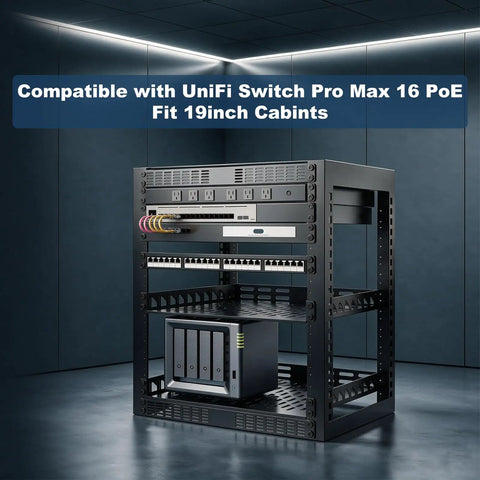 Heavy Duty 1U Rack Mount Shelf For Network Gear 19 Inch Server Bracket With Black Coated Steel Build, holds UniFi Switch Pro Max 16 PoE.