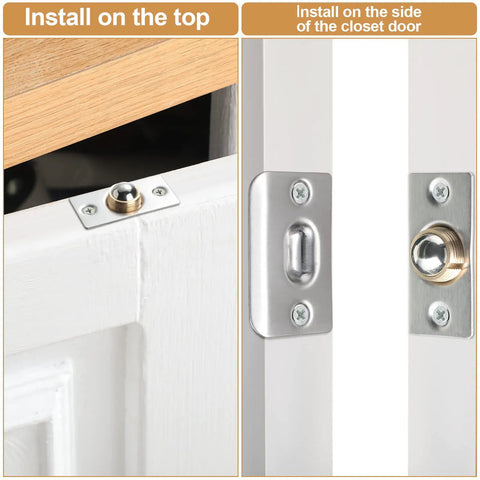 16 Pack Adjustable Closet Door Ball Catch Hardware Set With Stainless Steel Strike Plates And Screws installed on door