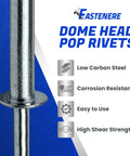 Heavy Duty Dome Head Pop Rivets Three Sixteenths By One And A Quarter Inches Aluminum Body Steel Mandrel Open End Tough As Nails For Six To Twenty Gauge Materials Corrosion Resistant High Shear Strength 50 Piece Pack For Auto Shop And Home Projects, close-up view