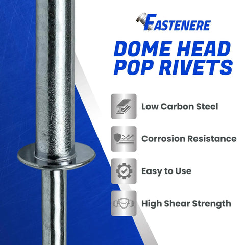 Heavy Duty Dome Head Pop Rivets Three Sixteenths By One And A Quarter Inches Aluminum Body Steel Mandrel Open End Tough As Nails For Six To Twenty Gauge Materials Corrosion Resistant High Shear Strength 50 Piece Pack For Auto Shop And Home Projects, close-up view