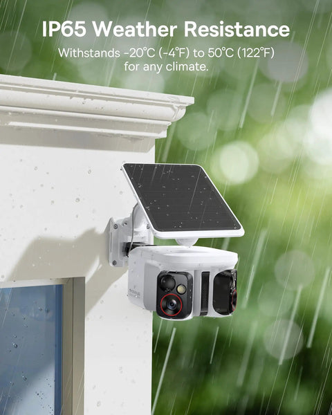 Solar Powered Outdoor Security Cam With Dual 3K AI Lenses mounted under eave, showing rain and IP65 weatherproof rating.