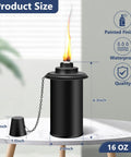 Black 16 oz canister with flame, labeled 'Six Pack Citronella Torch Replacement Canisters 16 Oz Refillable Torches With Wicks For Outdoor Parties'