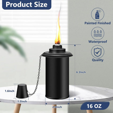 Black 16 oz canister with flame, labeled 'Six Pack Citronella Torch Replacement Canisters 16 Oz Refillable Torches With Wicks For Outdoor Parties'
